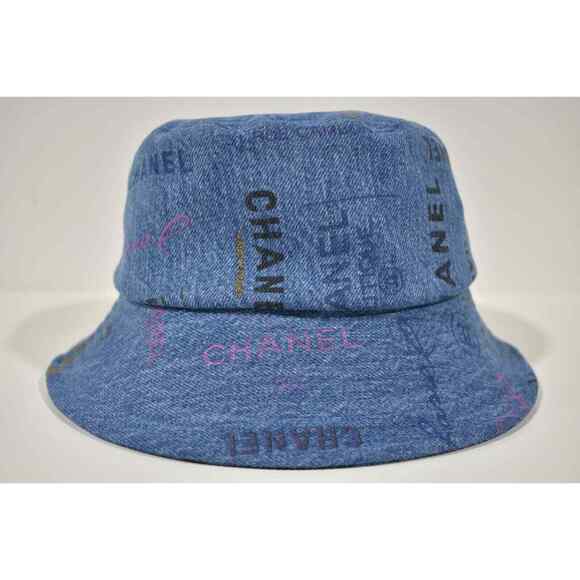Chanel 22P Blue Black Pink Denim Graffiti CC Logo Sun Cloche Bucket Hat Small S - Picture 2 of 11